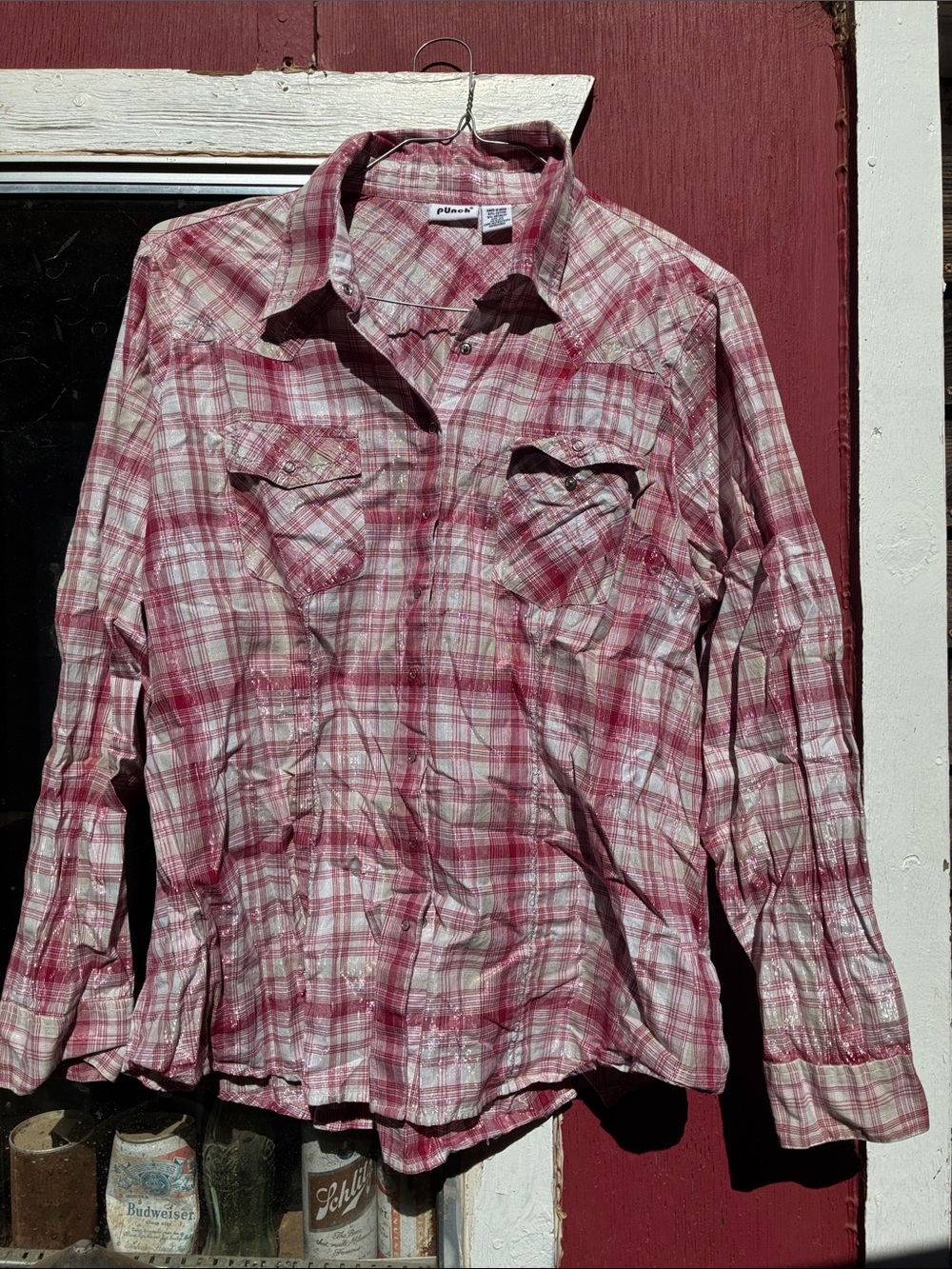 Casual Pink shimmery Plaid Button-Down Shirt with Chest Pockets